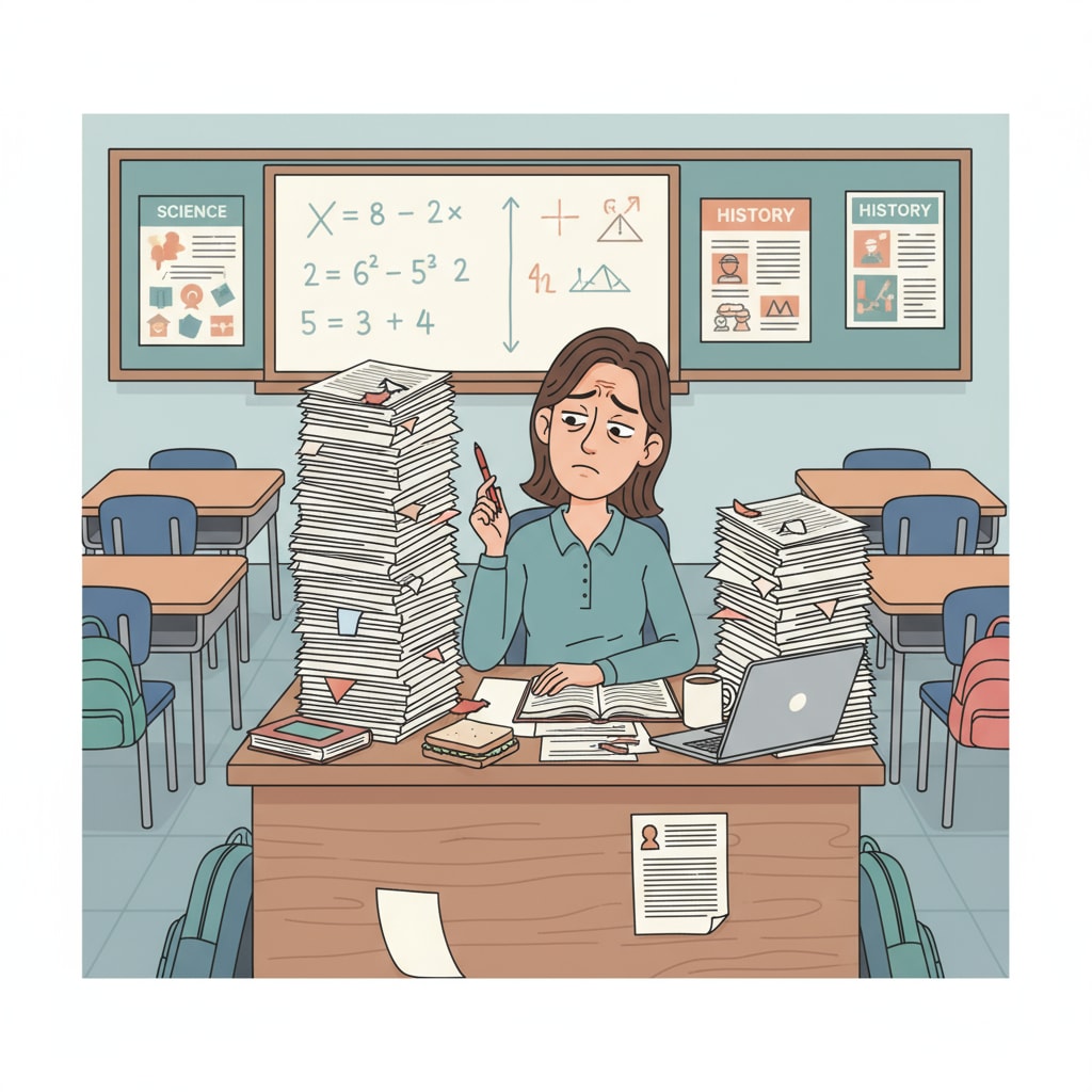 A teacher is sitting at a desk, looking stressed as they grade a large stack of papers, highlighting the heavy workload. A stressed teacher dealing with a heavy workload of grading papers