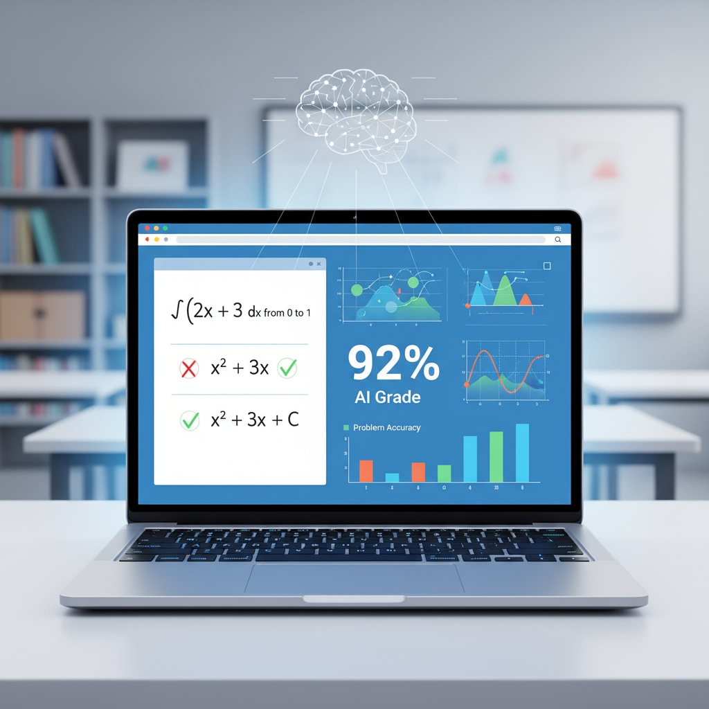 An illustration showing a teacher using an AI math grading tool on a laptop, with numbers and graphs on the screen representing the grading process. A teacher using an AI math grading tool to enhance working efficiency.