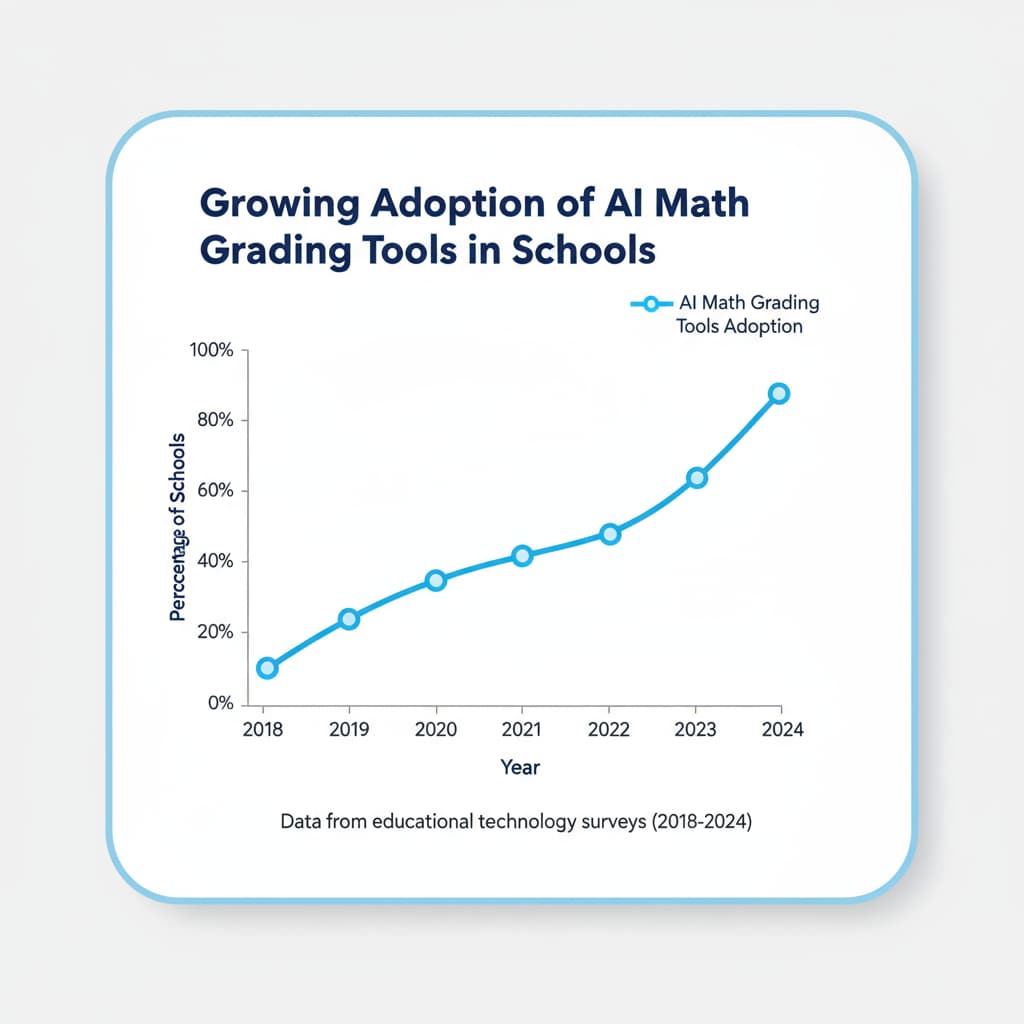 A graph depicting the increasing adoption of AI math grading tools in schools over the past few years, with the x-axis representing years and the y-axis representing the percentage of schools using the tools. Graph showing the growth of AI math grading tool adoption in schools related to teachers' efficiency.