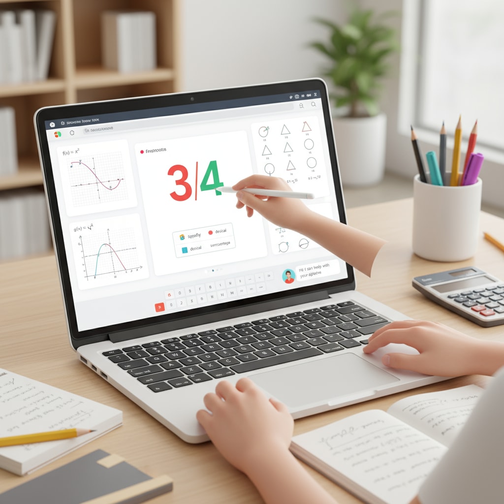 A student is using a Chromebook to study math, with various digital learning materials visible on the screen, representing the digital learning environment. A student using a Chromebook for math digital learning