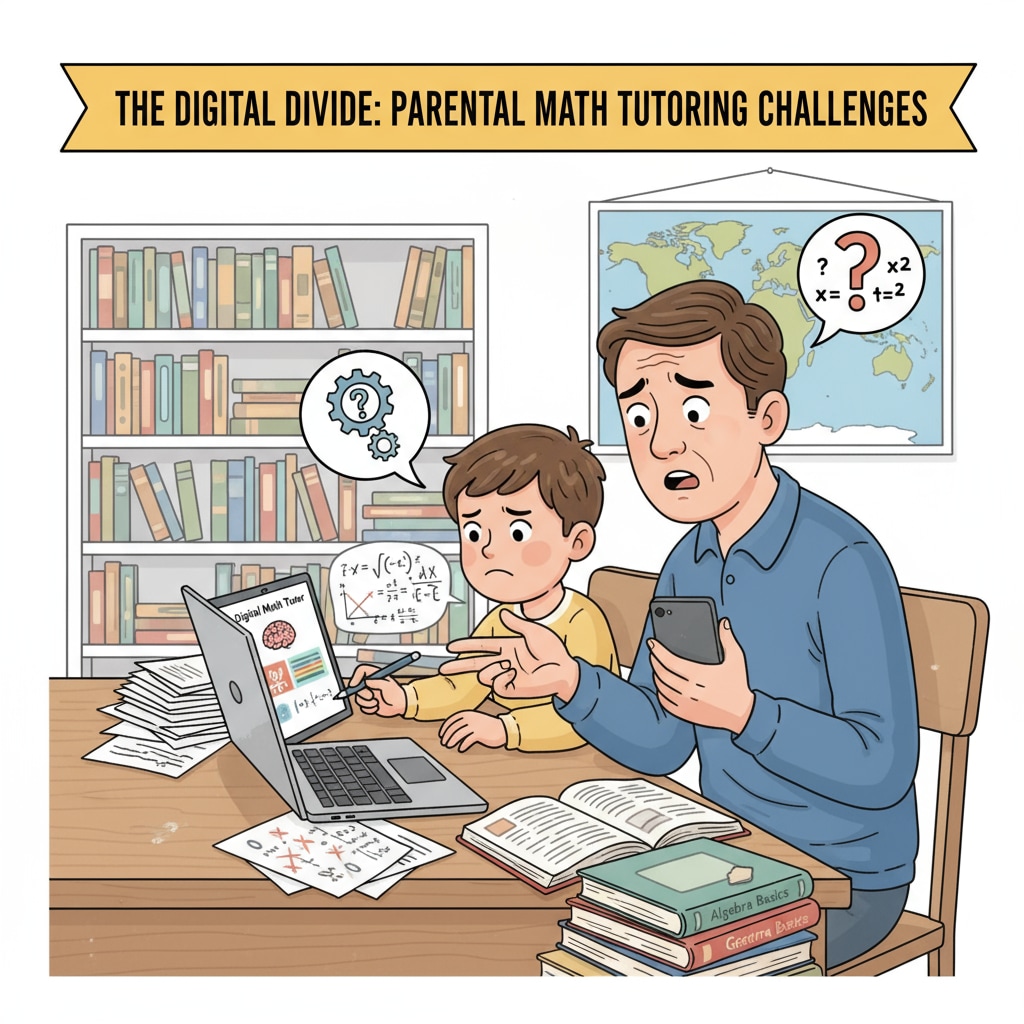 A parent and child are sitting at a table. The child is using a Chromebook to study math, and the parent has a concerned expression, highlighting the challenges parents face in digital math tutoring. A parent and child during digital math learning with concerns