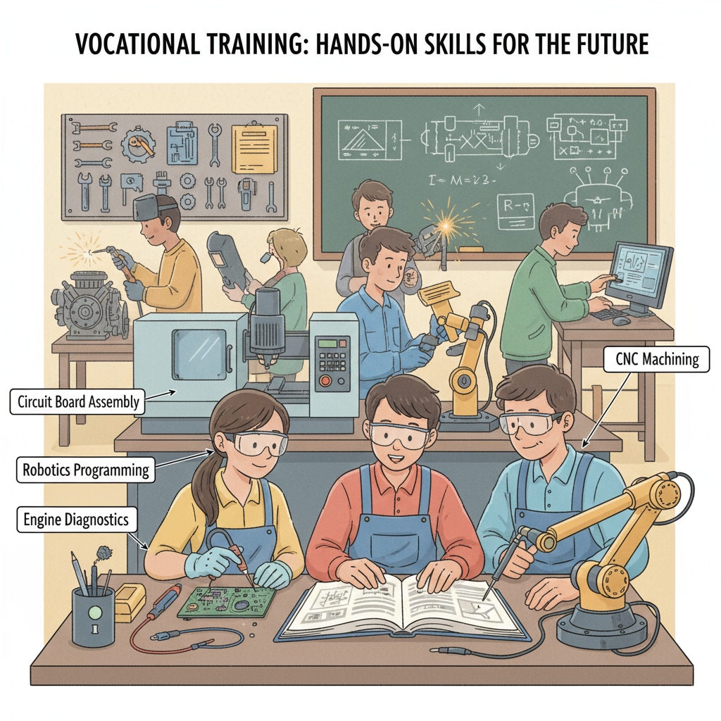 A group of students in a vocational training workshop, focused on practical learning Students engaged in vocational training related to higher education, investment return, and vocational education