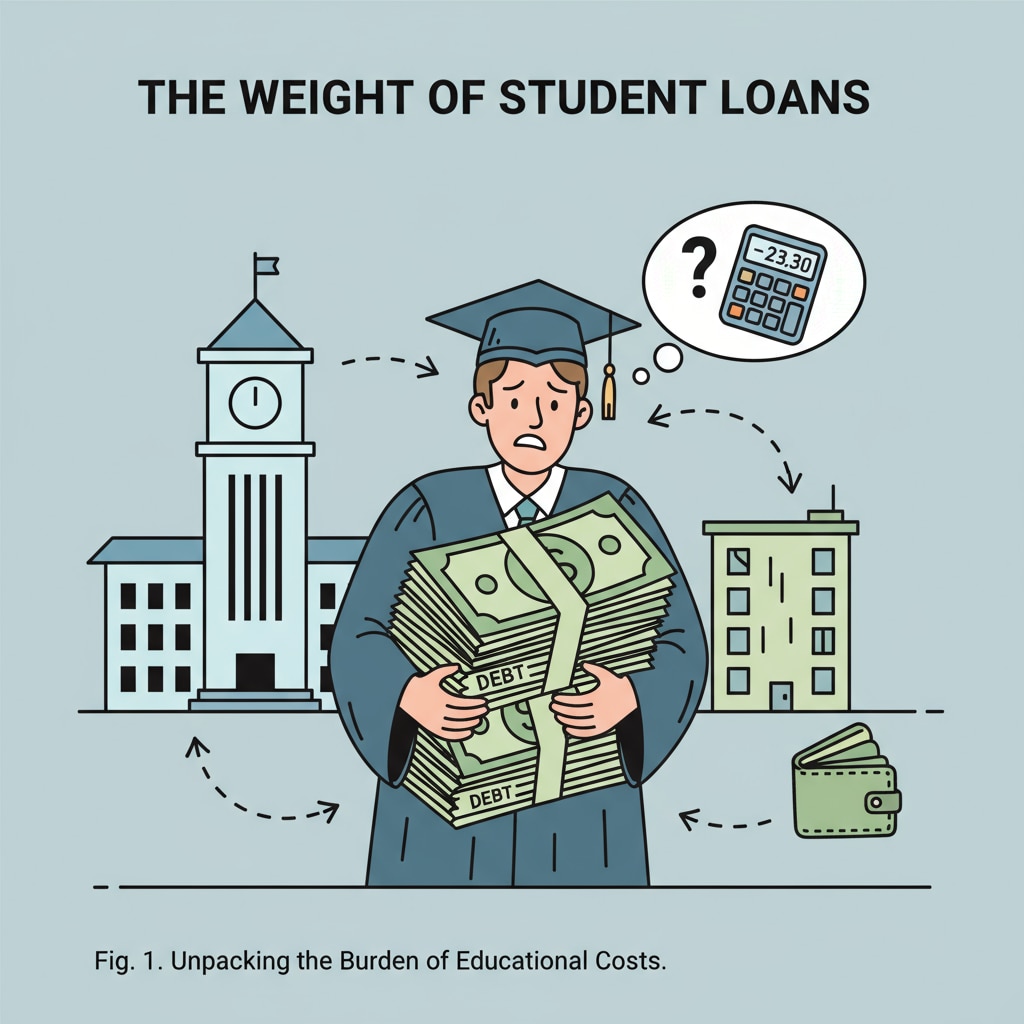 A young graduate looking worried while holding a stack of bills representing student debt A graduate facing the burden of student debt in the context of higher education, investment return, and vocational education