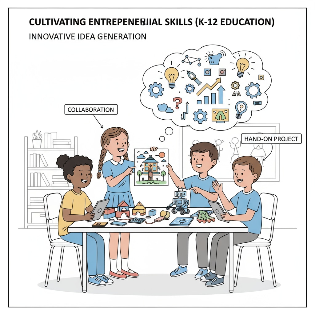 A group of students are actively involved in a hands - on project where they are working together to come up with innovative ideas, which is an important part of developing entrepreneurial skills in K-12 education. Students in K-12 education engaged in practical learning to develop entrepreneurial skills