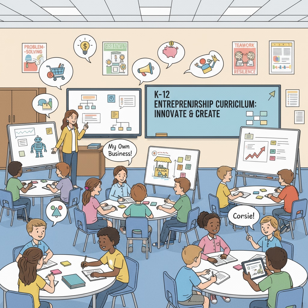 In a classroom setting, students are seen brainstorming ideas. They are discussing various concepts, which reflects the cultivation of an entrepreneurial mindset within the K-12 curriculum. Students in K-12 curriculum brainstorming to foster an entrepreneurial mindset
