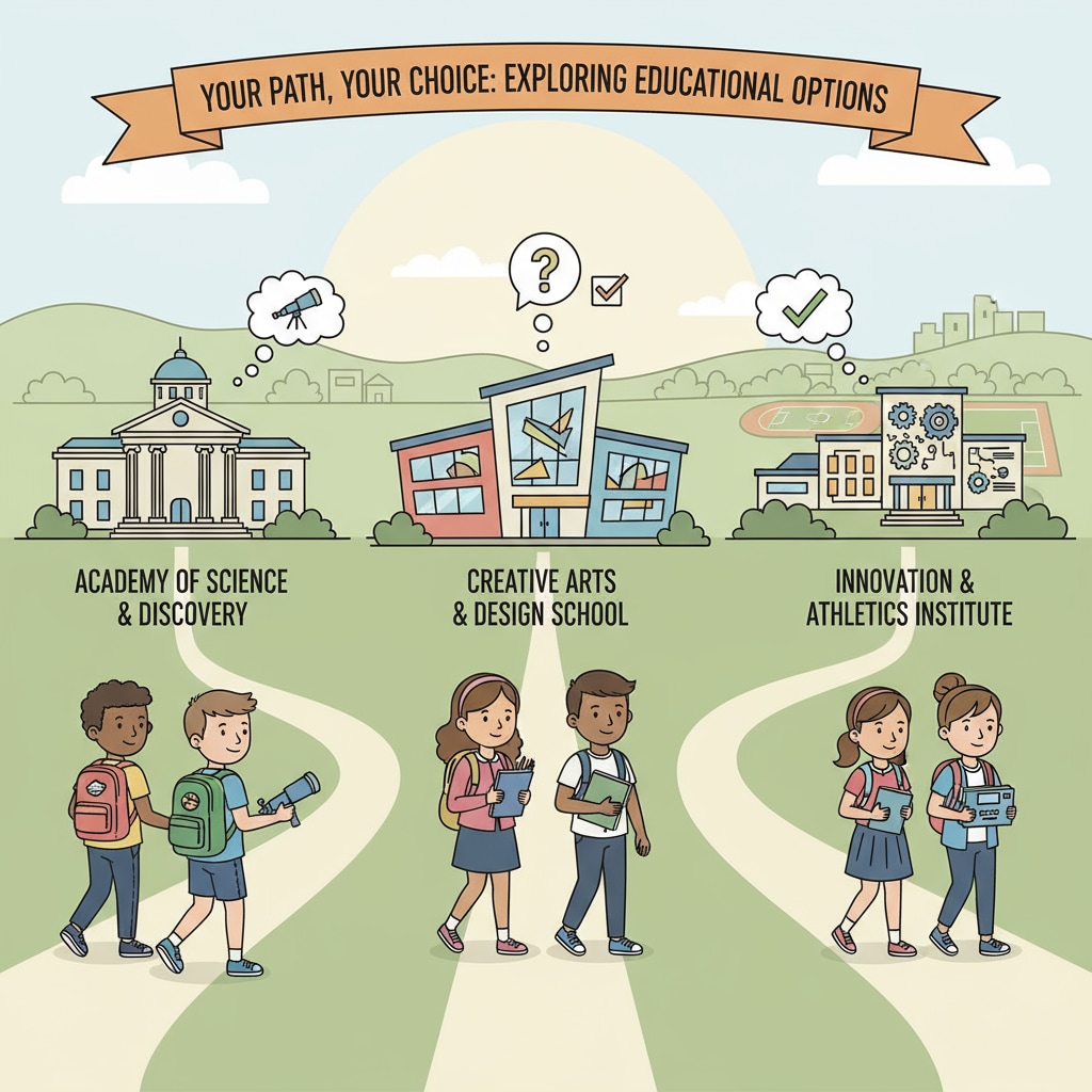 A group of students walking into different schools, which visually represents the concept of school choice where students have options to attend various educational institutions. School choice scenario with students going to different schools, highlighting the concept within the context of conservative education policy.