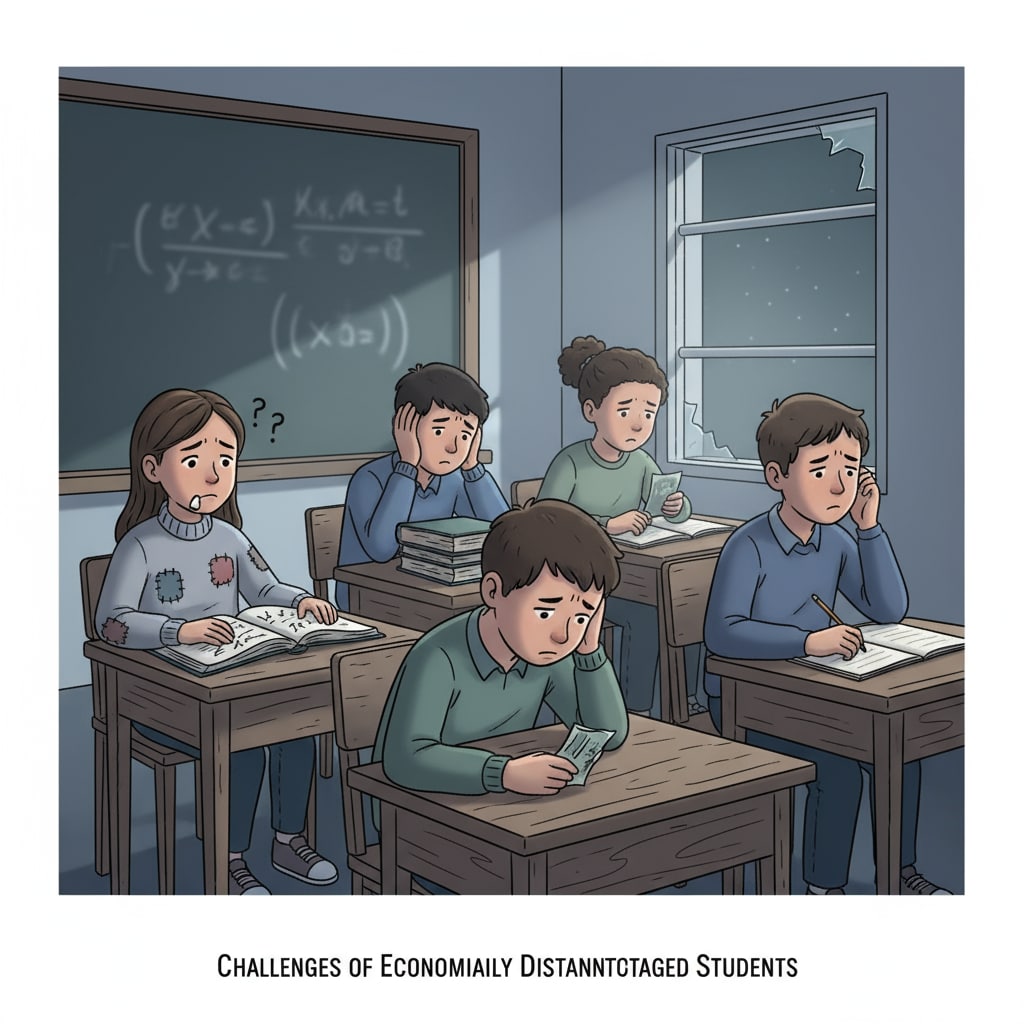 A group of students sitting at desks, looking concerned, representing the struggles of economically disadvantaged students Students facing economic hardships and tuition fee challenges