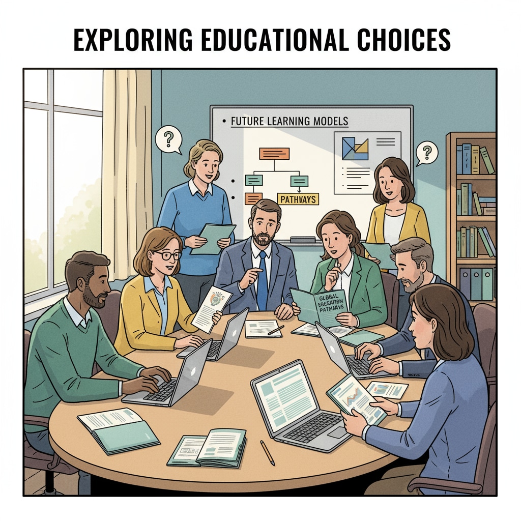 A group of professionals are sitting around a conference table, engaged in a discussion about different education options available to them. They are looking at brochures and laptops, with an air of serious consideration. Professionals discussing career development and education choices