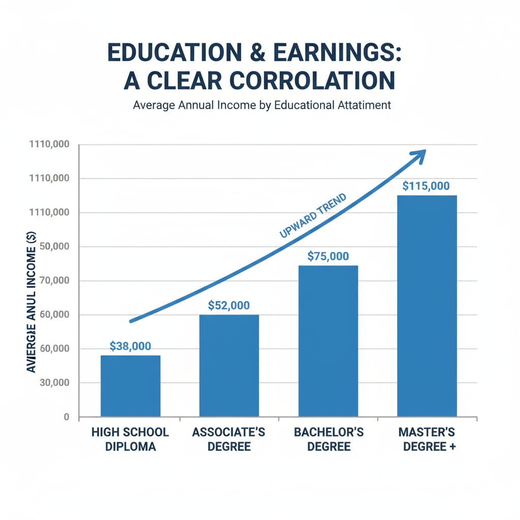 A bar graph presenting the relationship between educational levels (high school diploma, bachelor's degree, master's degree, etc.) and the corresponding average annual income. The bars clearly show an upward trend in income with increasing educational attainment. Graph showing correlation of educational attainment and average income for career development and education choices