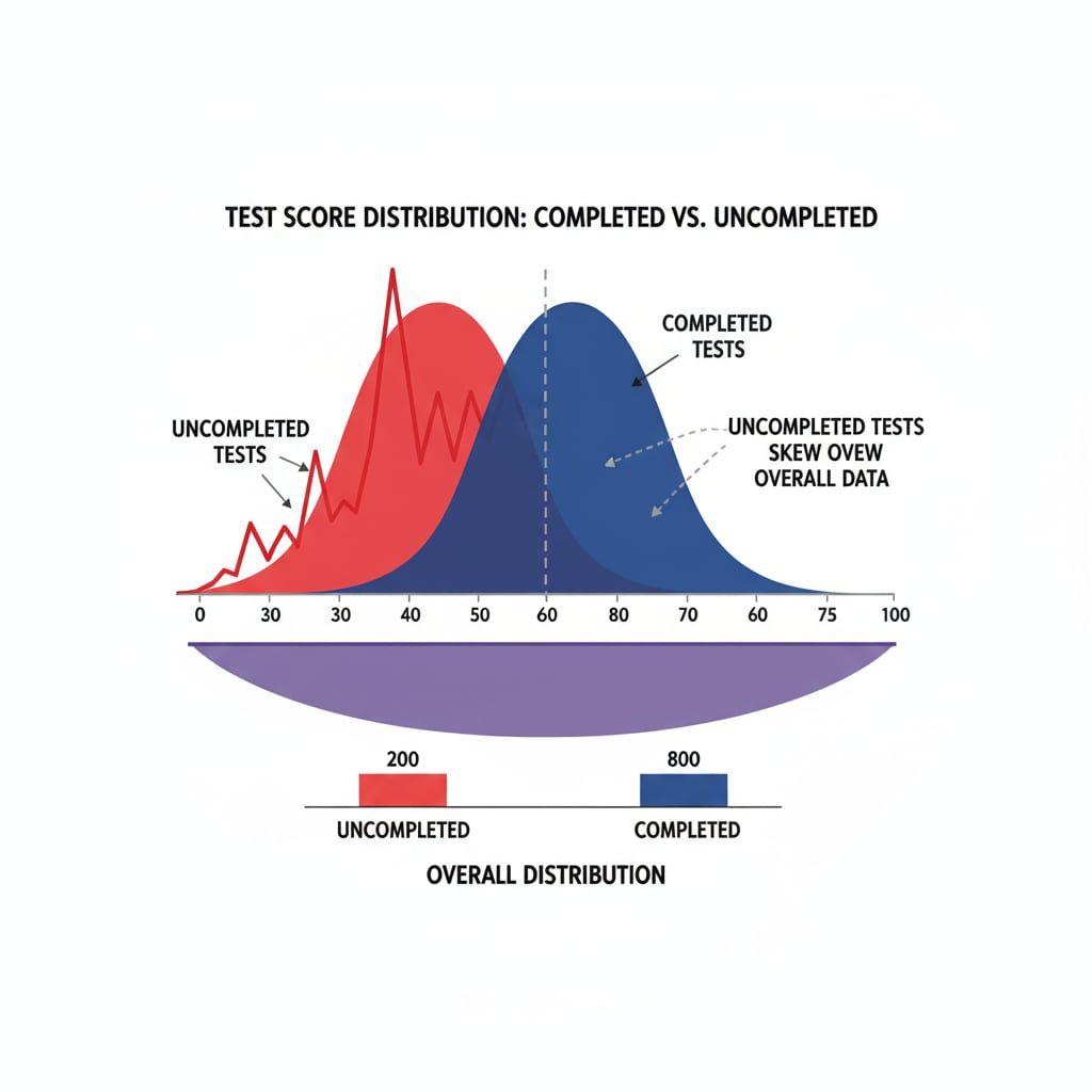 A graph that depicts the distribution of test scores, with a clear separation between scores from completed and uncompleted tests, showing how the uncompleted tests can skew the overall distribution. Graph showing the impact of uncompleted test scores on the overall dataset distribution in statistical analysis