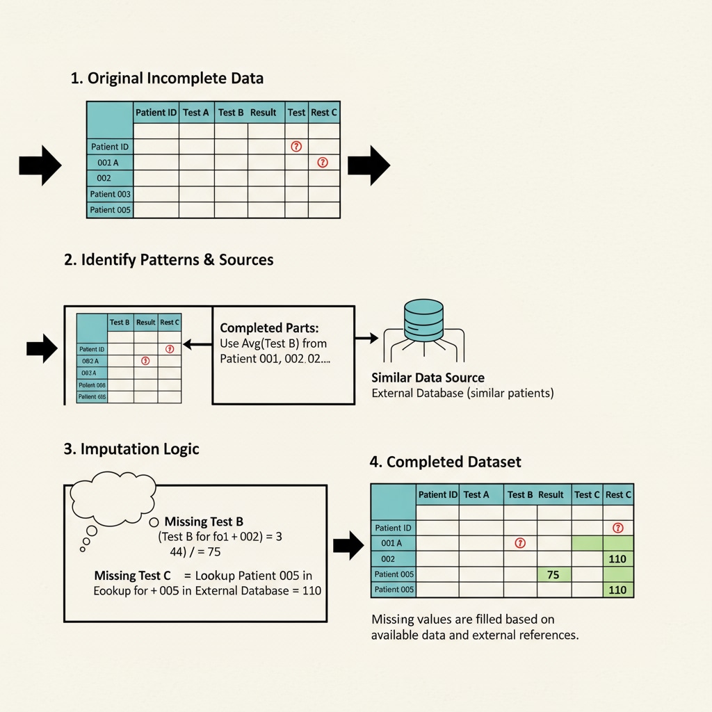 An illustration that demonstrates the step - by - step process of imputing values for uncompleted test data, showing how data from completed parts and similar students are used. Illustration of the imputation process for uncompleted test data relevant to statistical analysis