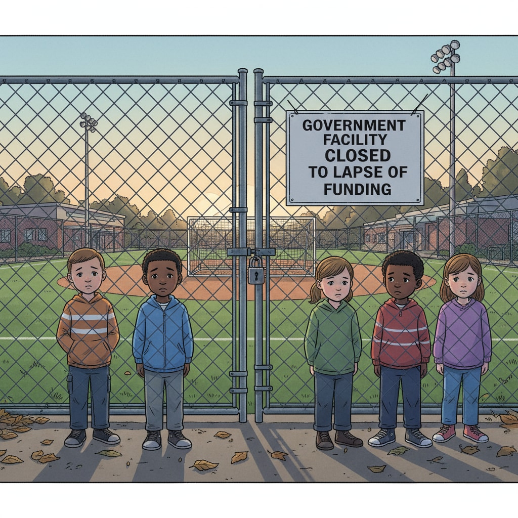 A group of military children looking disappointed as they stand near a closed sports field due to government shutdown. Military children disappointed about DODEA sports activities suspension during government shutdown