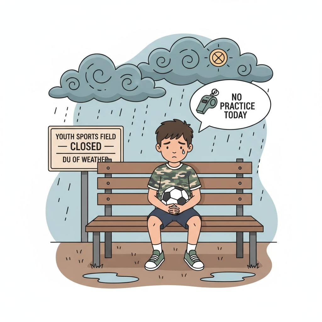 A young military child sitting on a bench, holding a sports ball, looking sad because of the activity suspension. Sad military child due to government shutdown - related DODEA sports activity halt