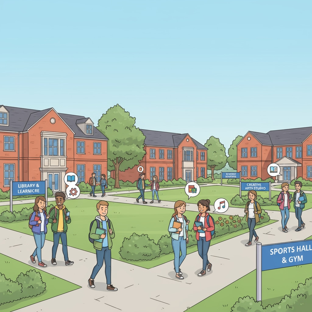 A UK further education college campus, with students walking between buildings. The campus has well-maintained buildings, green spaces, and signs indicating different facilities. Students are chatting and carrying books as they move around. A UK further education college campus where adult learners return to education