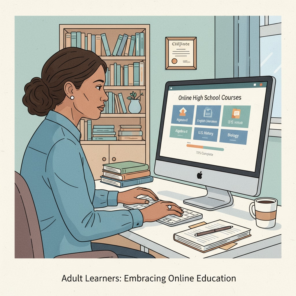 An adult is sitting at a desk, concentrating on the computer screen where online high school courses are displayed. This represents the dedication of adult learners in pursuing online education. An adult studying online high school courses with determination