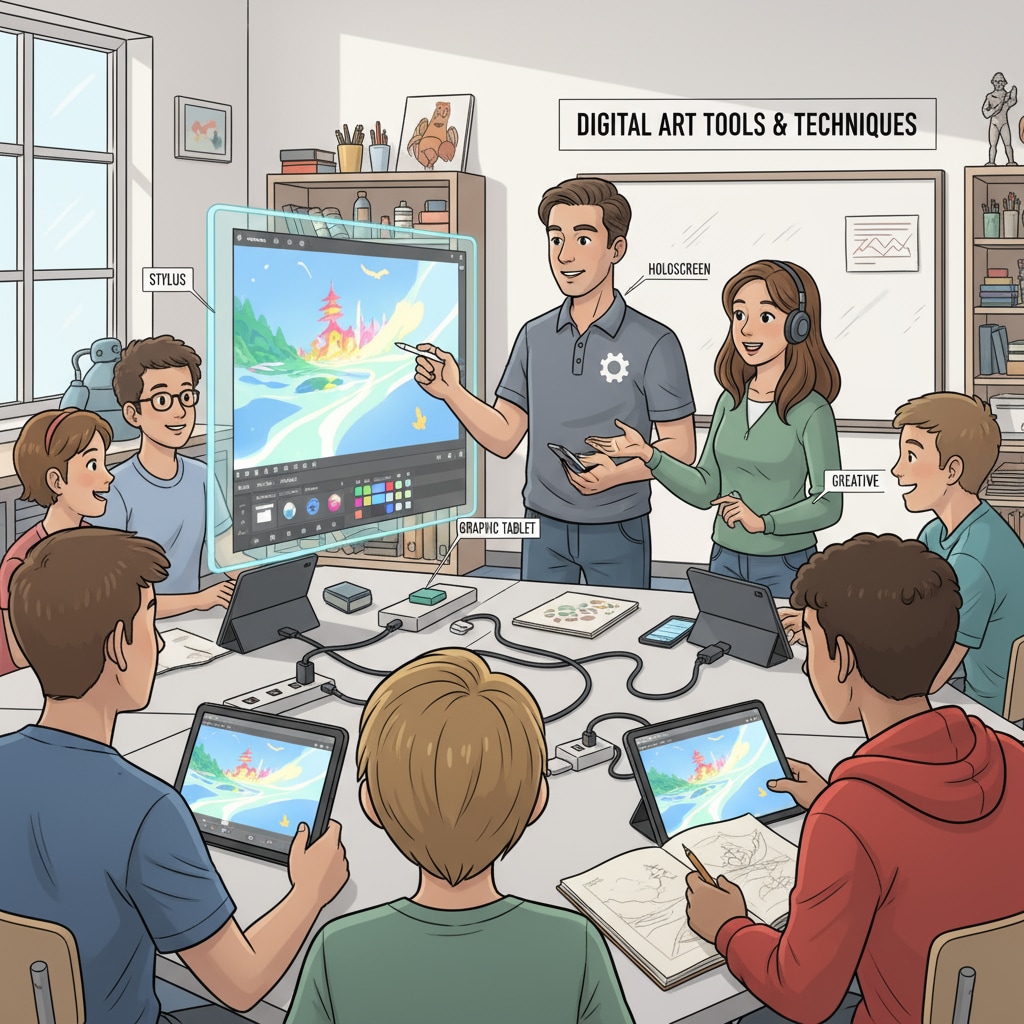 A group of students in an art class, with a technology team member demonstrating digital art tools Technology team member demonstrating digital art tools to students in an art class as part of school district services for art education