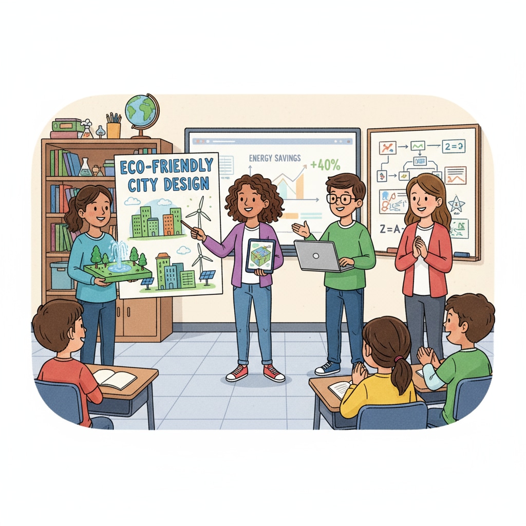 Students presenting the outcomes of their project-based learning, showing confidence and knowledge gained. Students presenting project-based learning results as part of homework alternatives