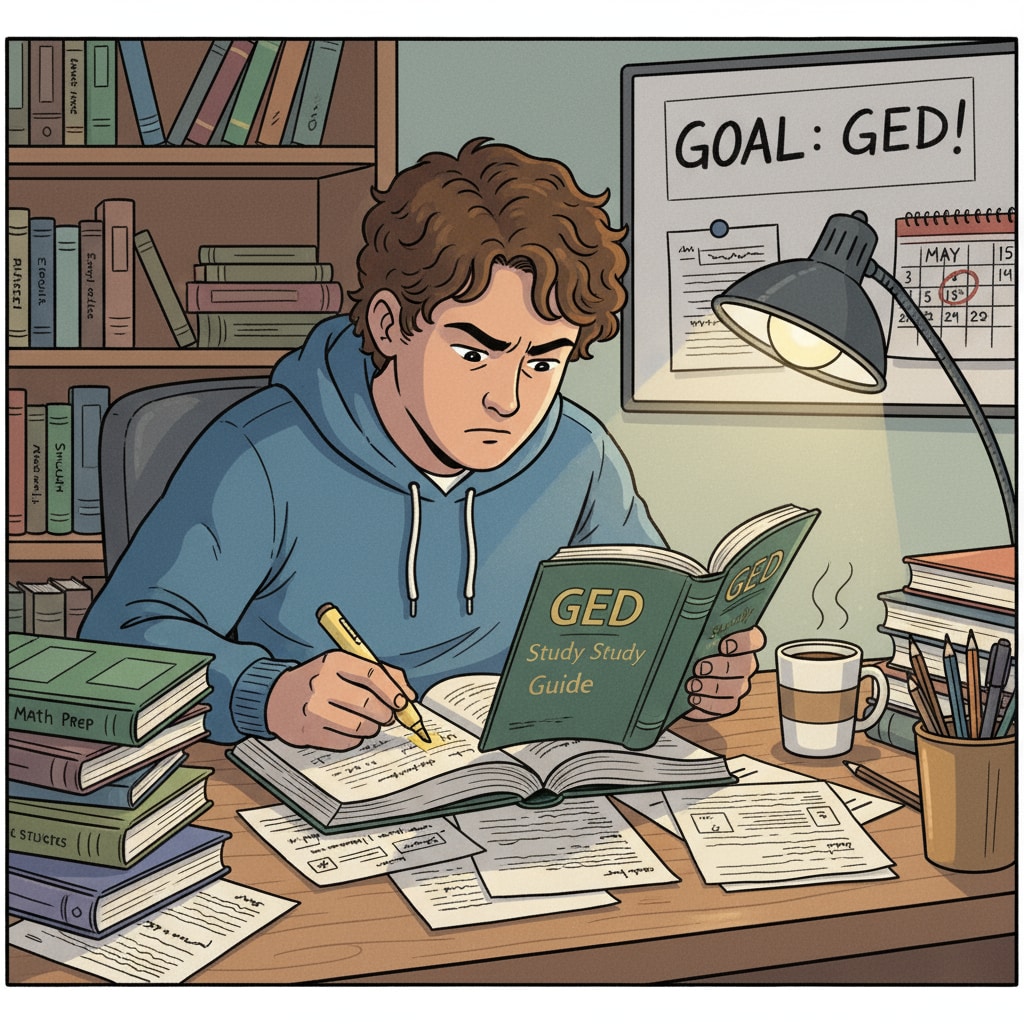 A student is sitting at a desk, surrounded by books and papers, studying intently for their GED exams. A student studying for GED exams to improve their employment prospects despite facing depression