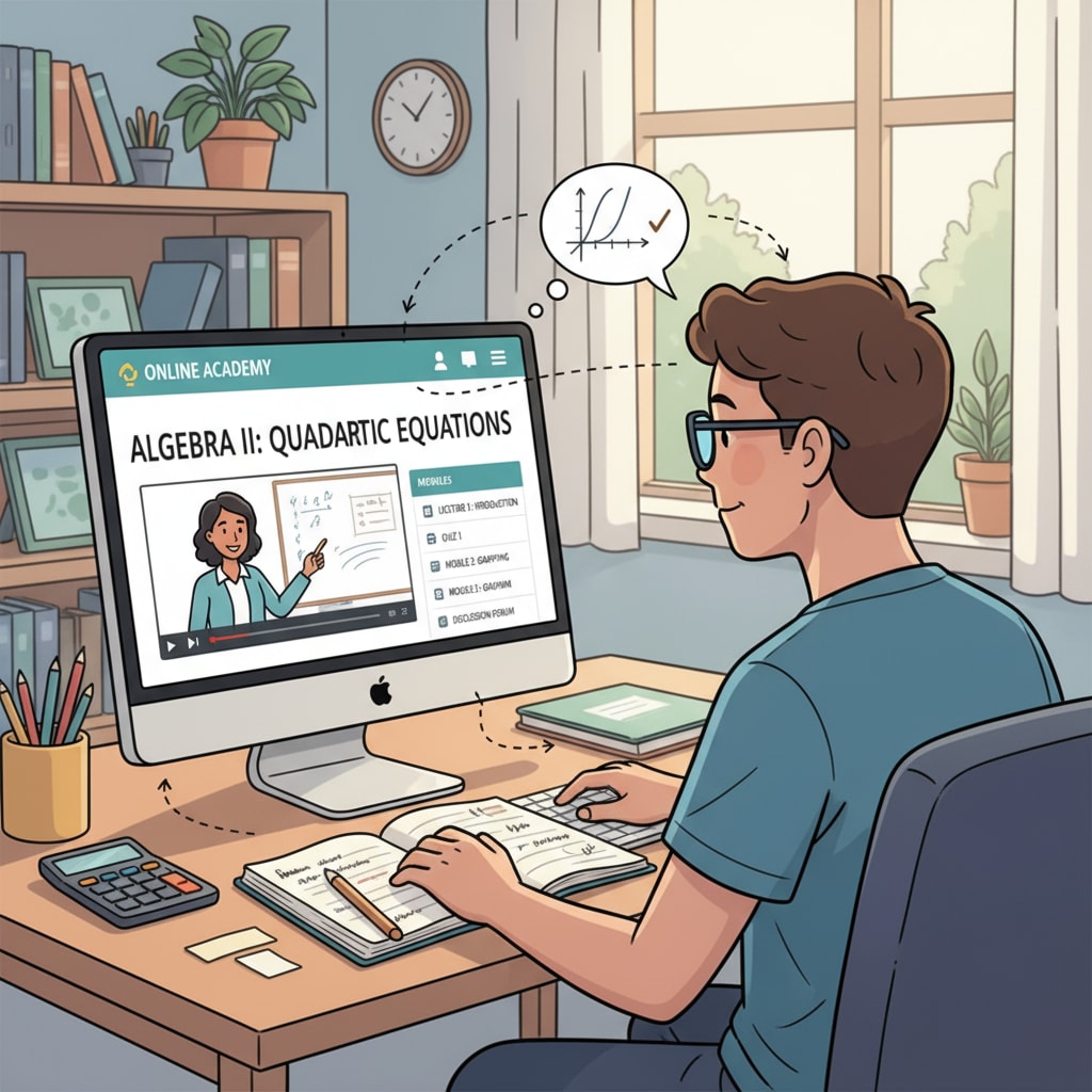 A person is sitting in front of a computer, focused on an online high school course on the screen, indicating the process of learning through online education. A person engaged in online high school education for career security