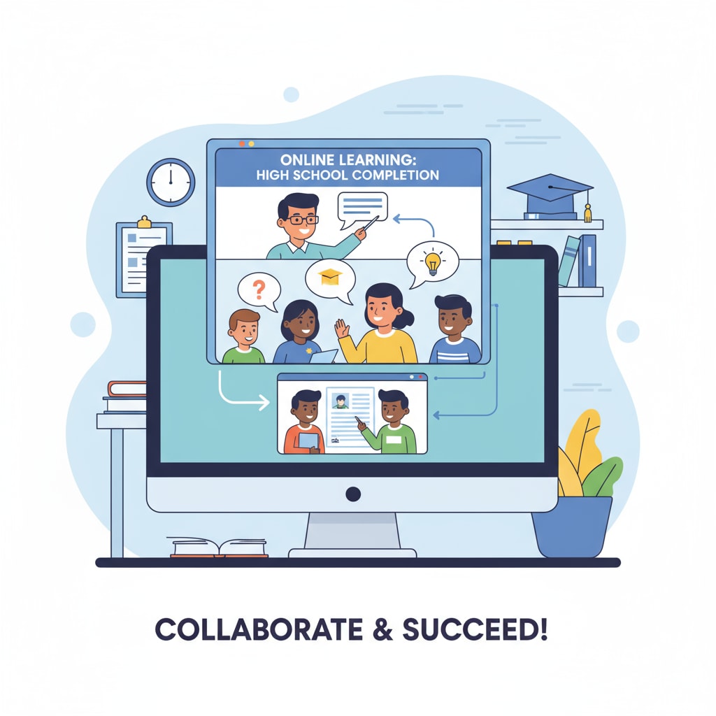 A virtual classroom scene where students are interacting with each other and the instructor through video conferencing, highlighting the collaborative nature of online learning for high school completion. Students interacting in an online high school virtual classroom for career - related education