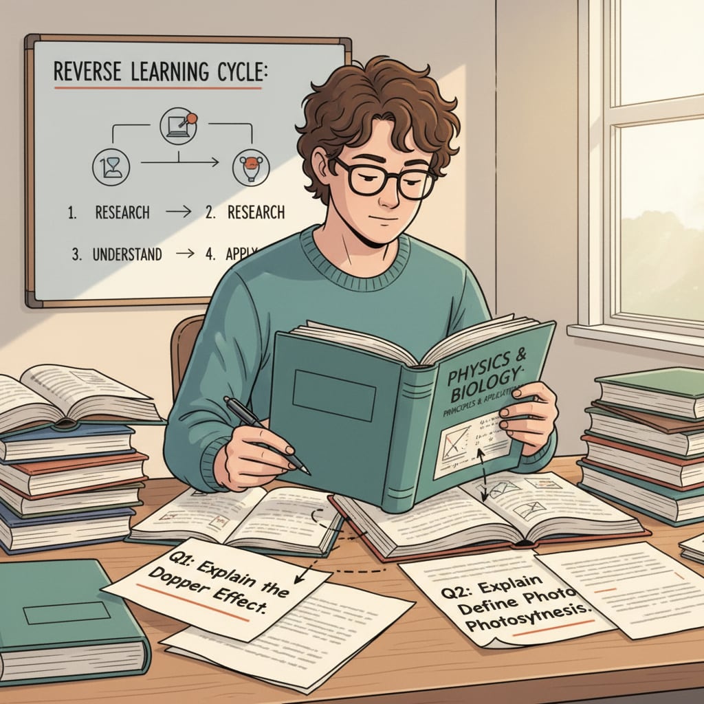 A student is seen using the Reverse Learning Method. He has exam questions in front of him and is referring to textbooks to find answers related to theoretical knowledge. A student applying the Reverse Learning Method for theoretical subject study