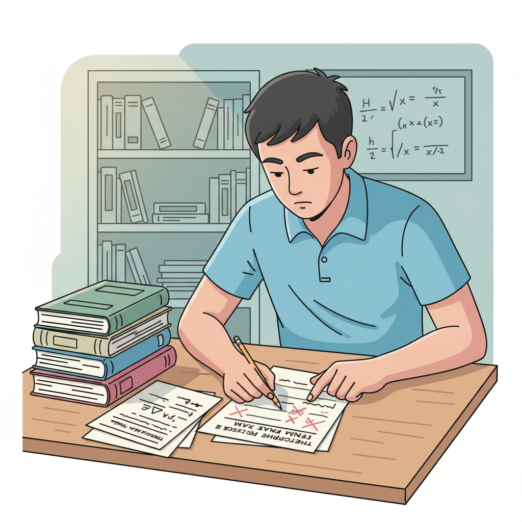 A student is sitting at a desk, carefully analyzing the mistakes made in a theoretical subject exam. There are notes and textbooks beside him. A student analyzing mistakes in theoretical subject study