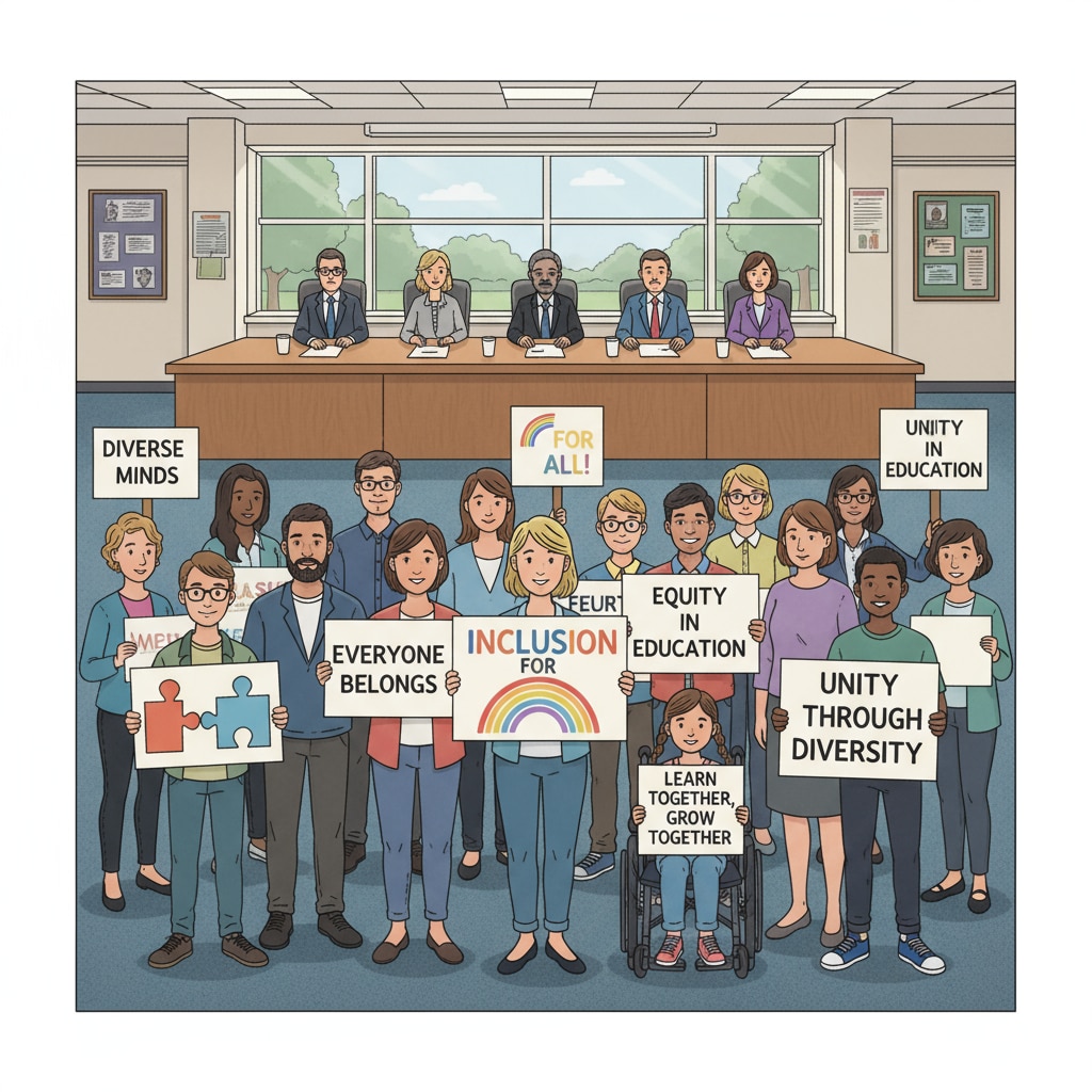 A group of people from the LGBTQ+ community are showing their support for inclusive education during a school board meeting. They hold signs with positive messages promoting equality. LGBTQ+ individuals supporting inclusive education at a school board meeting