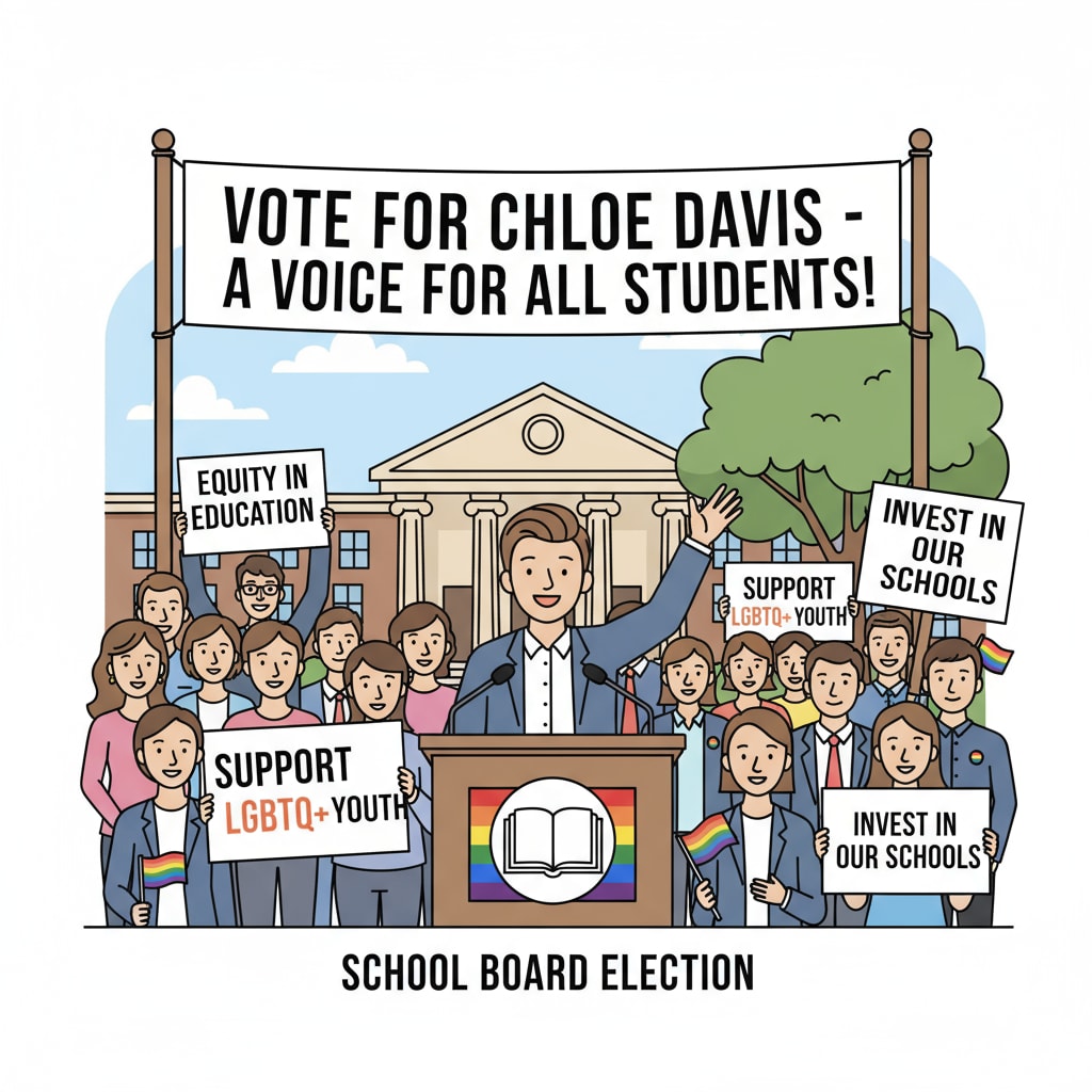 A candidate from the LGBTQ+ community is giving a passionate speech during their school board election campaign. They are surrounded by supporters. LGBTQ+ candidate campaigning for a school board position