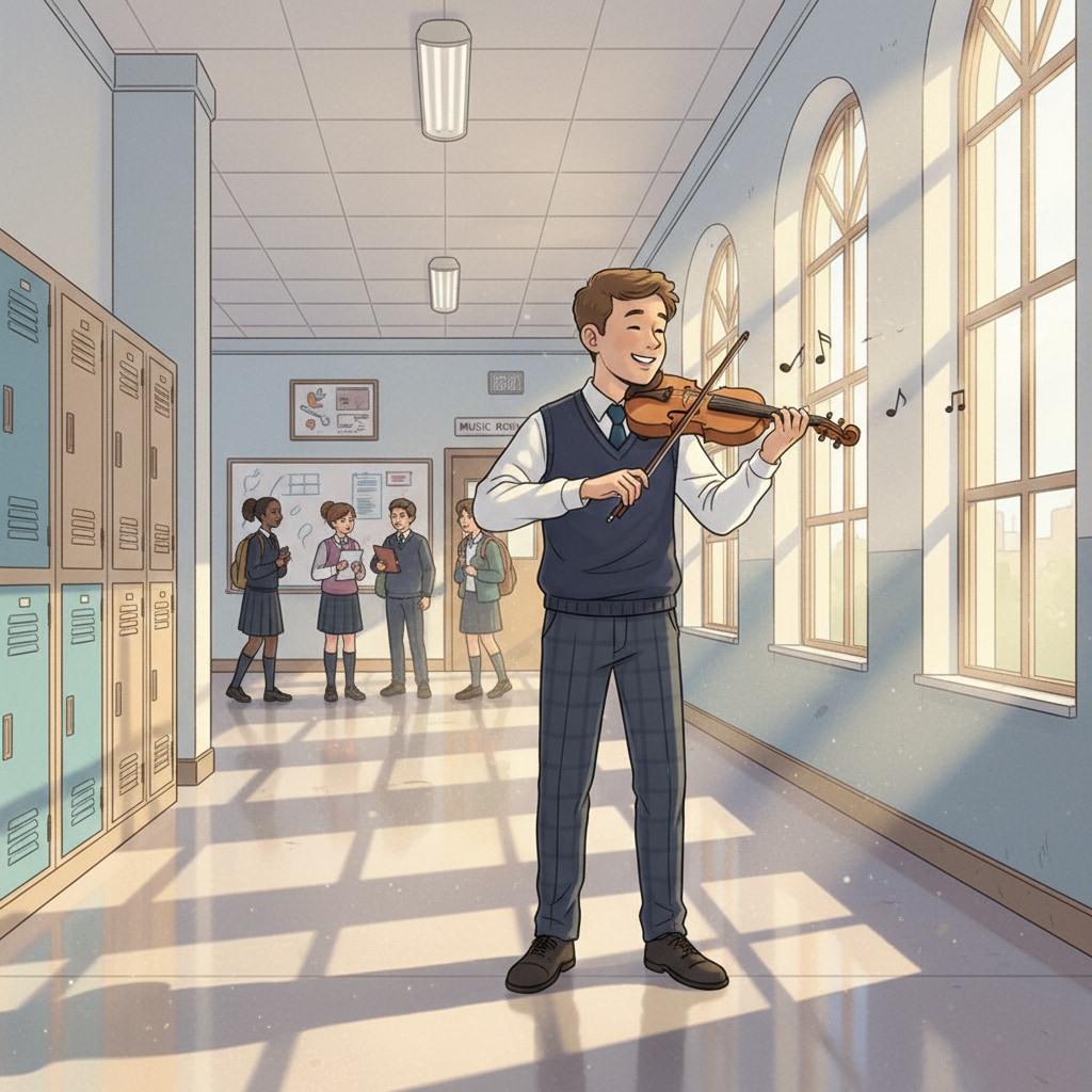 A student is playing the violin in a school corridor, with sunlight streaming in through the windows. A student playing the violin in a school corridor, highlighting the connection between violin, sound, and the school environment where the misunderstanding might occur.