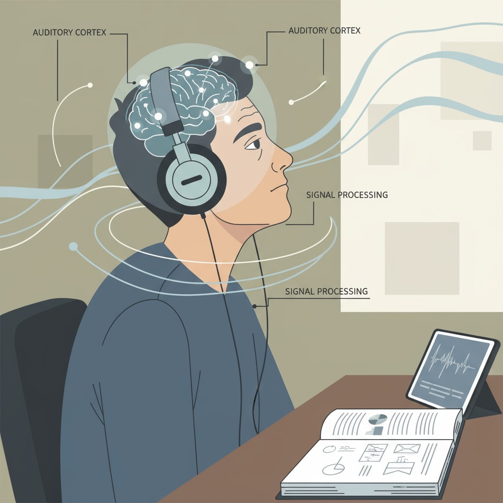 A person is sitting with headphones on, listening intently to a sound, with a thoughtful expression on their face. A person listening intently to a sound, emphasizing the process of sound perception which is related to the misunderstanding of violin sounds.