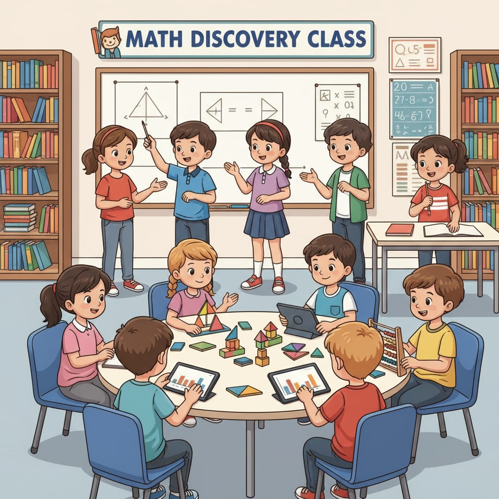 A group of 9-year-old children are actively involved in math learning activities, such as discussing math problems and using educational tools. 9-year-old children engaged in children's math learning projects for math ability improvement