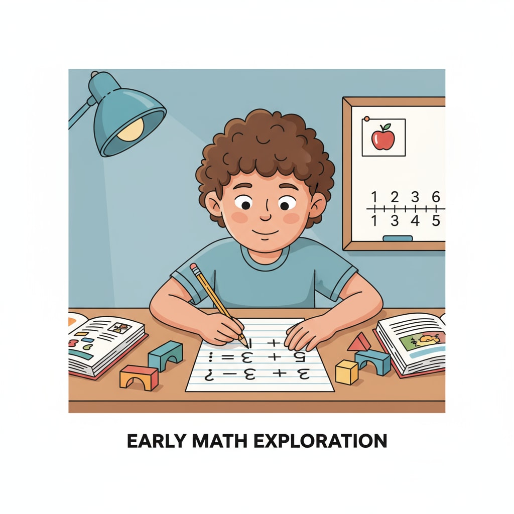 A child is sitting at a table, concentrating on doing simple arithmetic problems with a pencil and paper. A child practicing math for math ability improvement through learning projects