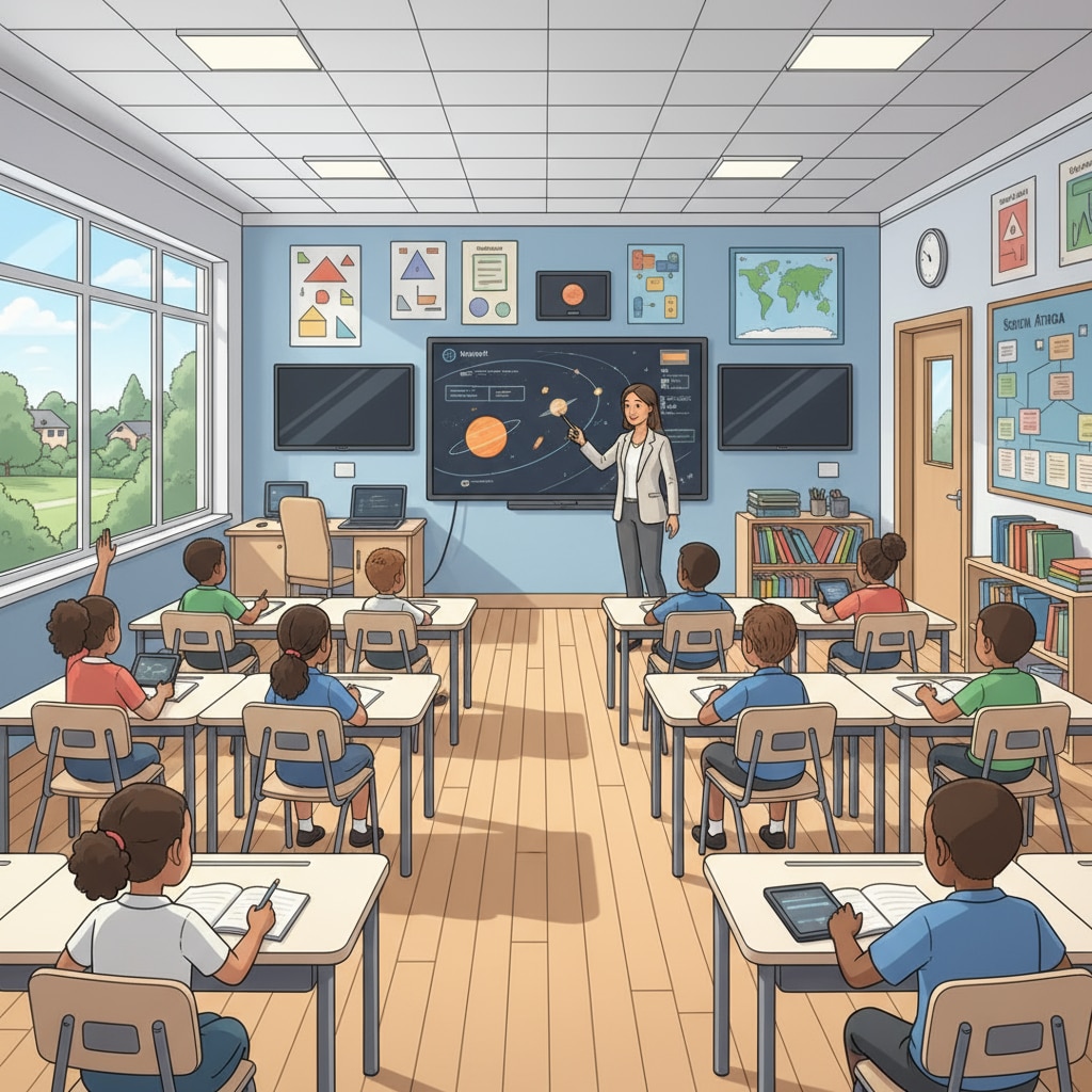 A classroom in a wealthy area of South Africa with modern facilities and engaged students. Classroom in wealthy area showing educational resource gap in South Africa