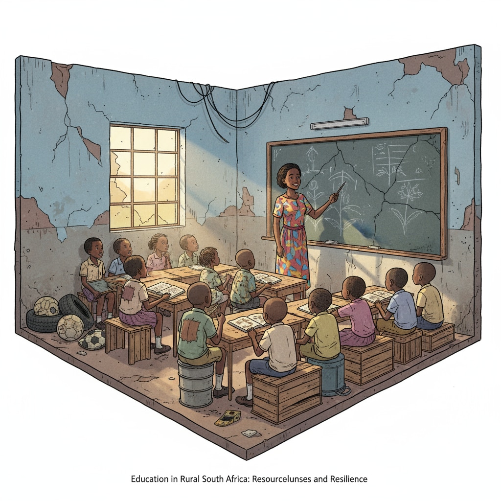A run-down classroom in a poor area of South Africa with limited resources and students. Dilapidated classroom in poor area highlighting education inequality in South Africa