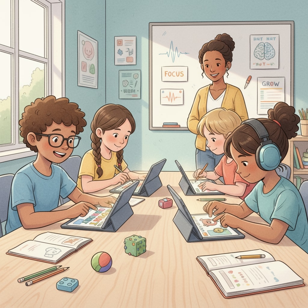 A group of ADHD children are sitting around a table, using tablets with educational apps to learn spelling. They are actively engaged and seem interested in the learning process. ADHD children using educational apps for spelling learning
