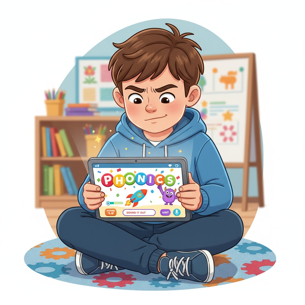 A single ADHD child is holding a tablet, and the screen shows an educational spelling app with colorful graphics and interactive elements. The child looks focused on the task. An ADHD child using an educational spelling app