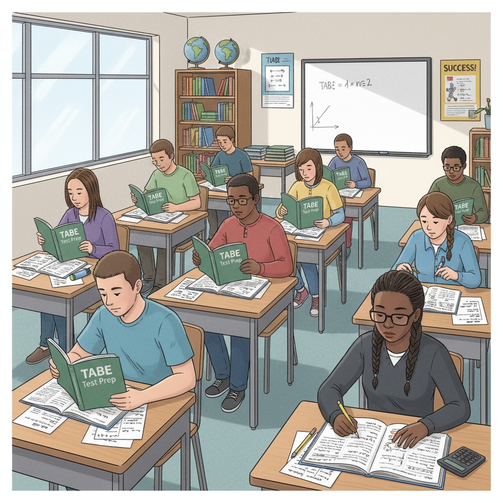 A group of young people are sitting at desks in a classroom, poring over books and papers, clearly studying for the TABE test. Young people studying for the TABE test in a classroom setting related to firefighter and EMT training