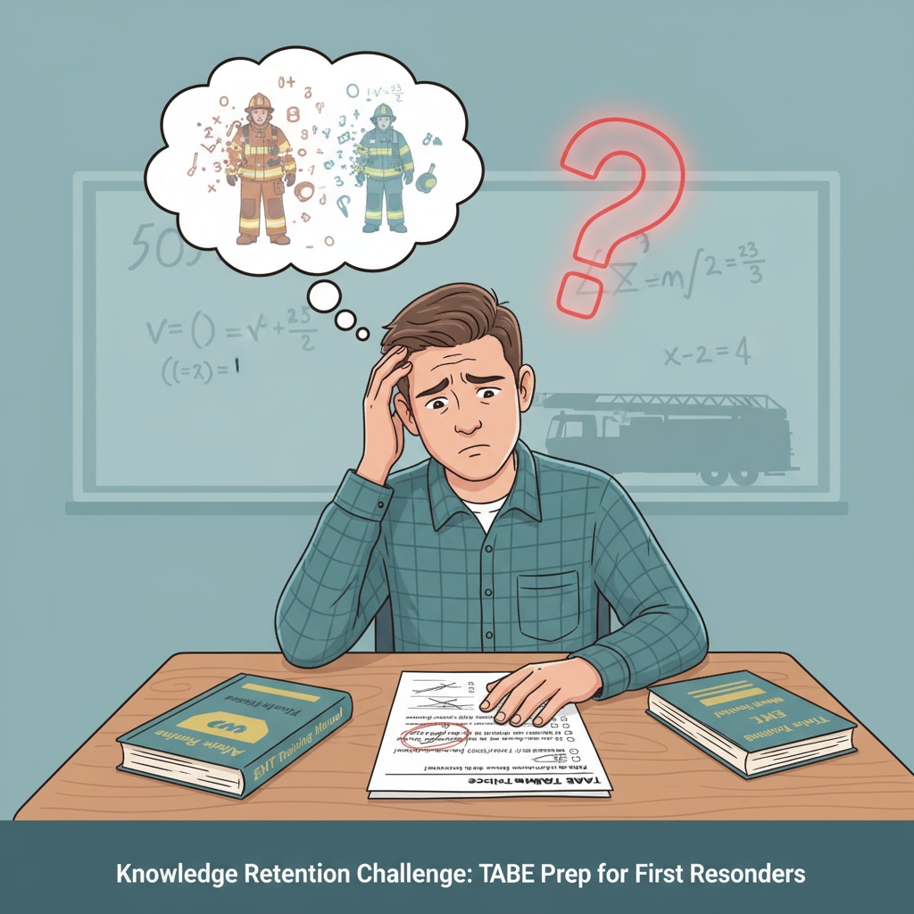 A student is sitting at a desk, looking perplexed as they stare at a math problem on a piece of paper, highlighting the knowledge retention issue for TABE test preparation relevant to firefighter and EMT training. A student struggling with a math problem due to knowledge retention issues in TABE test preparation for firefighter and EMT training