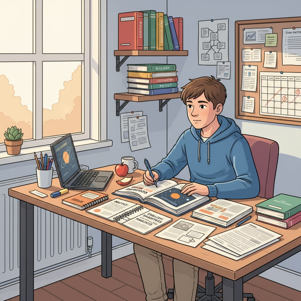 A teenager is sitting at a desk at home, surrounded by books and notes related to GCSE subjects, studying intently. Teenager using self-study resources to fill education gaps and prepare for GCSE exams