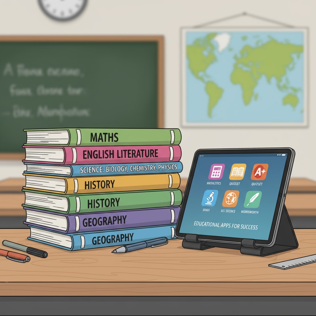 A table displays a collection of GCSE textbooks, and a tablet next to them shows educational apps on the screen. Self-study resources for GCSE exams including textbooks and educational apps