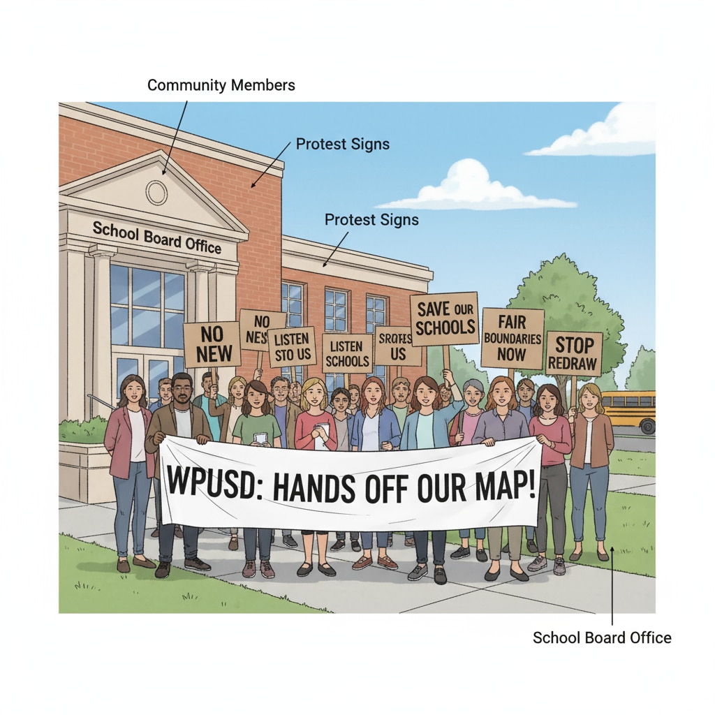 Community members are holding signs with slogans against the WPUSD boundary redrawing during a protest outside the school board office. Community protest against WPUSD boundary redrawing