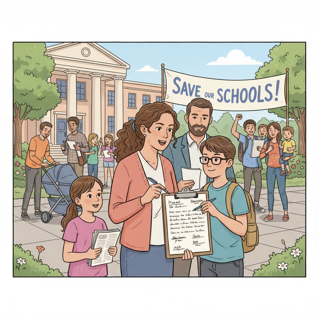 Parents and students are actively collecting signatures on a petition sheet, with determination on their faces. Parents and students collecting signatures for petition against WPUSD boundary redrawing