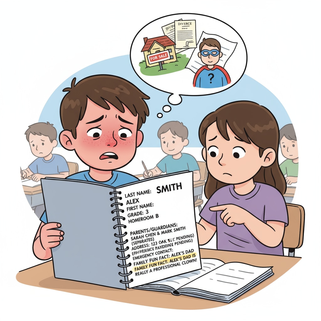 A child is shown with a sad expression, indicating the embarrassment caused by the school directory revealing family secrets. A child looking embarrassed due to school directory revealing parents' divorce