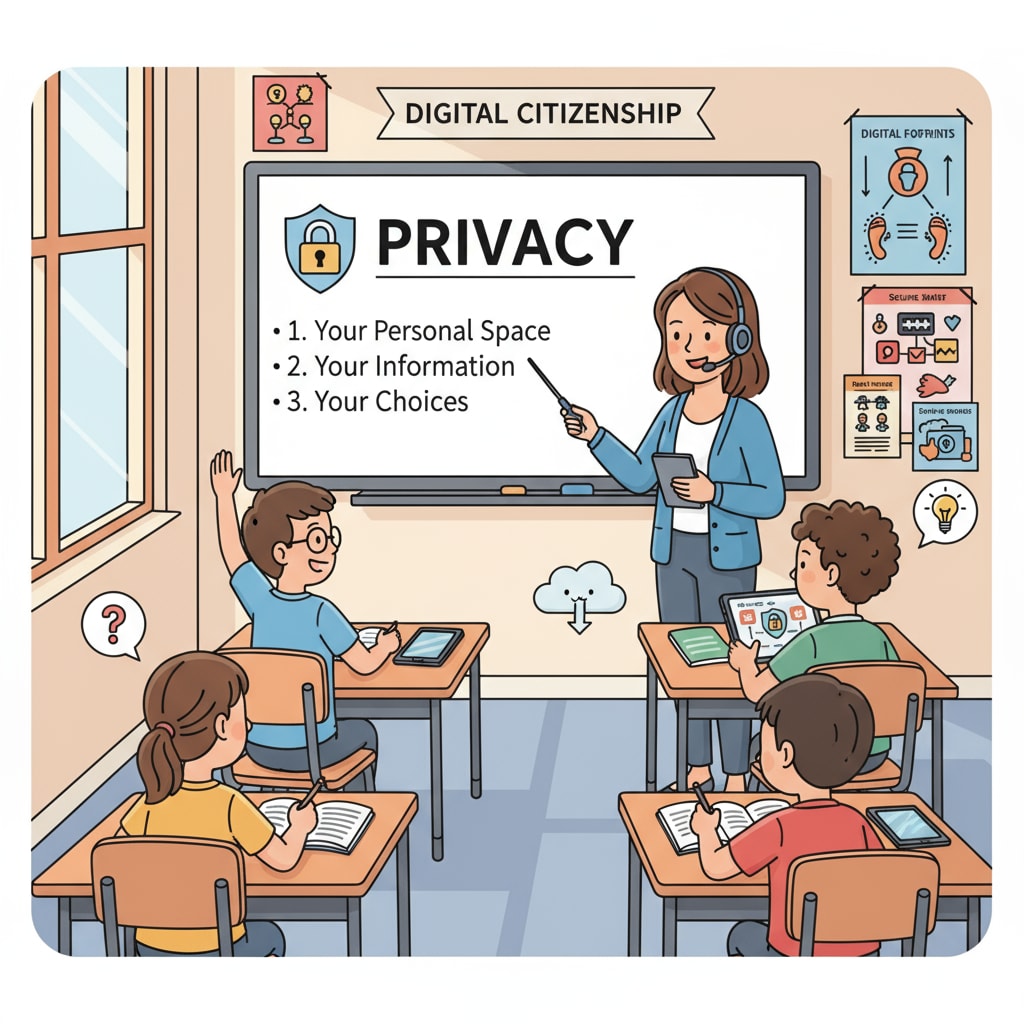 A classroom scene where a teacher is teaching students about the significance of privacy. A teacher educating students on privacy in a classroom