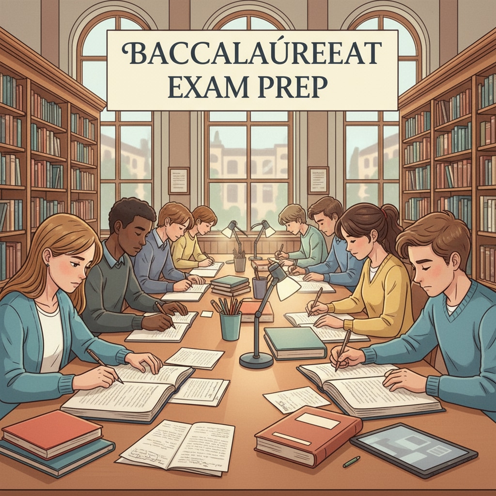 Students are sitting at desks in a library, with books and notes open, concentrating on preparing for the baccalauréat exam. Students studying in a library for baccalauréat exam preparation