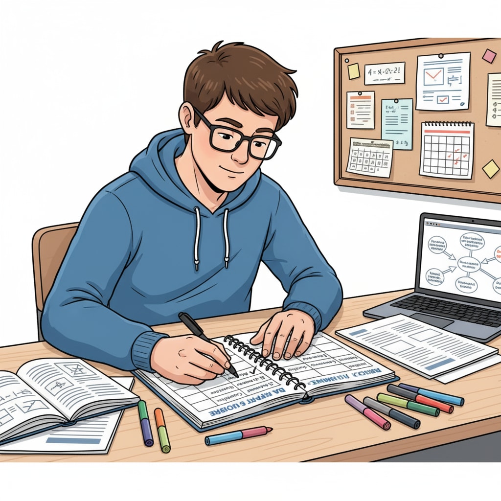 A student is looking at a planner, marking study times for different subjects related to baccalauréat preparation. A student using a planner to manage study time for baccalauréat