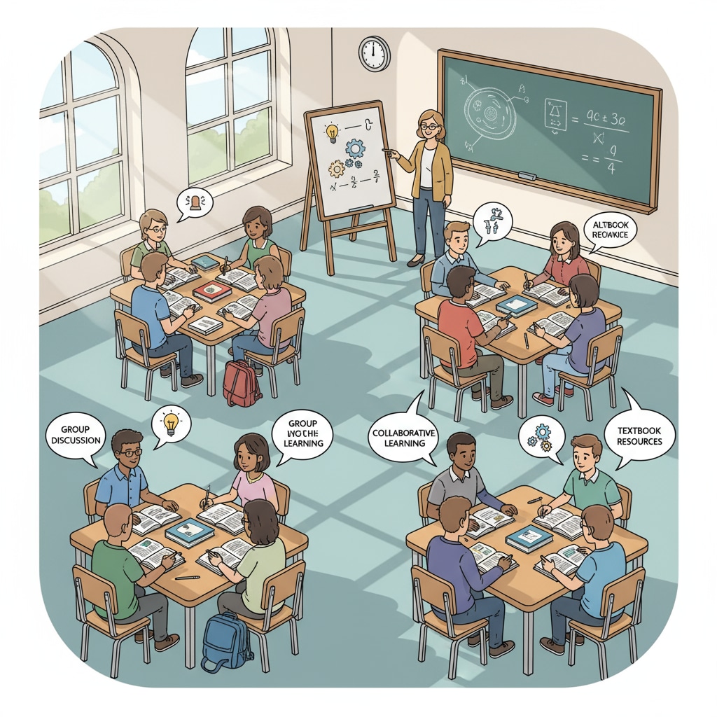 Students are engaged in group study in a traditional high school classroom, with desks arranged in groups and textbooks open. Students studying in a traditional high school related to high school education and diplomas