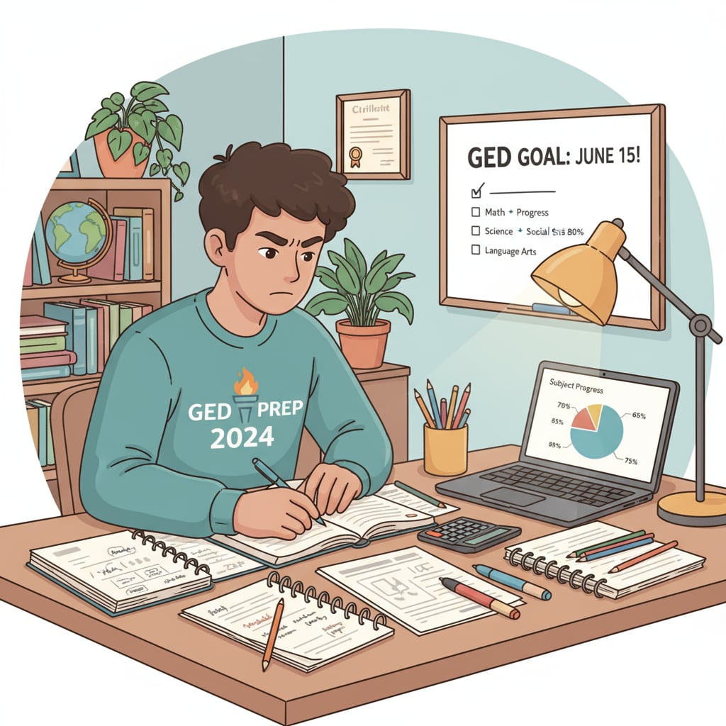 A student is sitting at a table at home, surrounded by study materials, concentrating on preparing for the GED test. A student preparing for the GED test relevant to high school education and diplomas