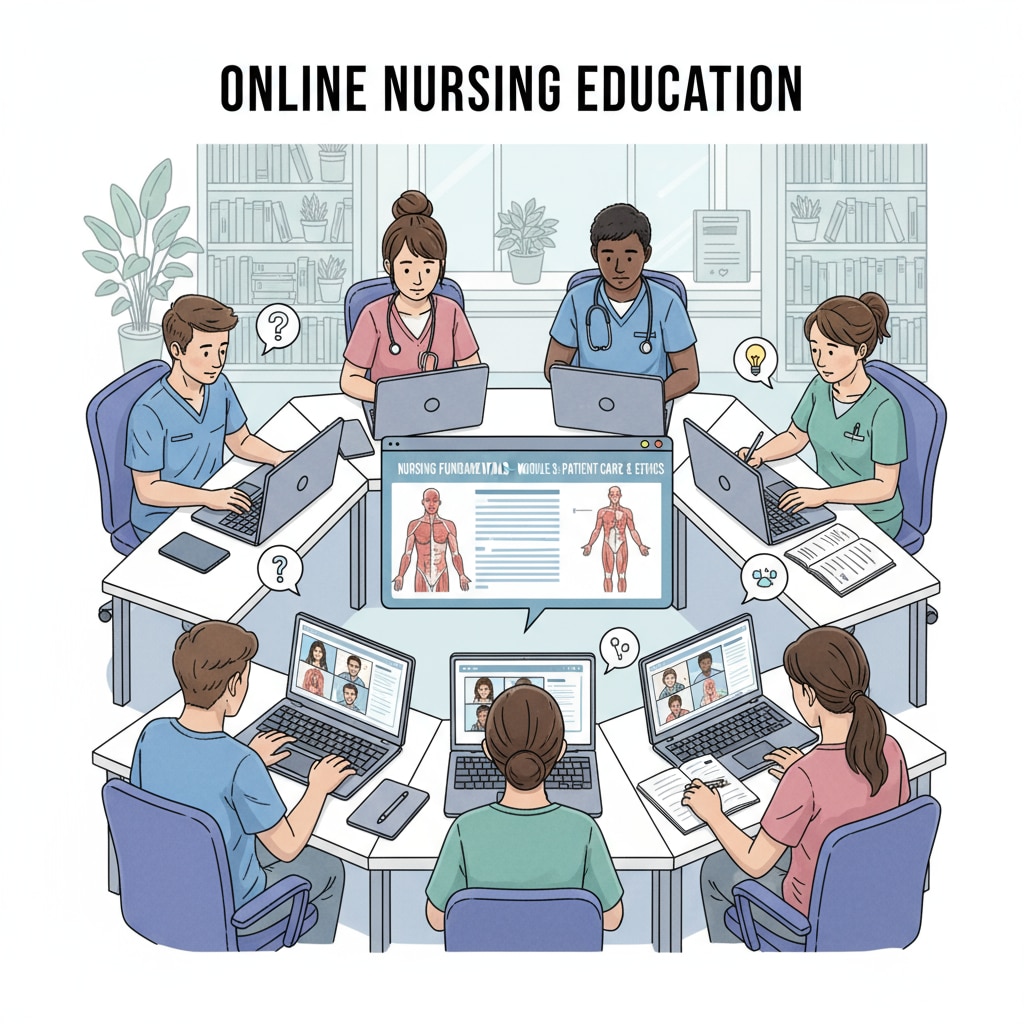 A group of students are sitting in front of their computers, engaged in online nursing courses. They are focused on the screen, taking notes and interacting with the virtual learning environment. Students studying online nursing programs