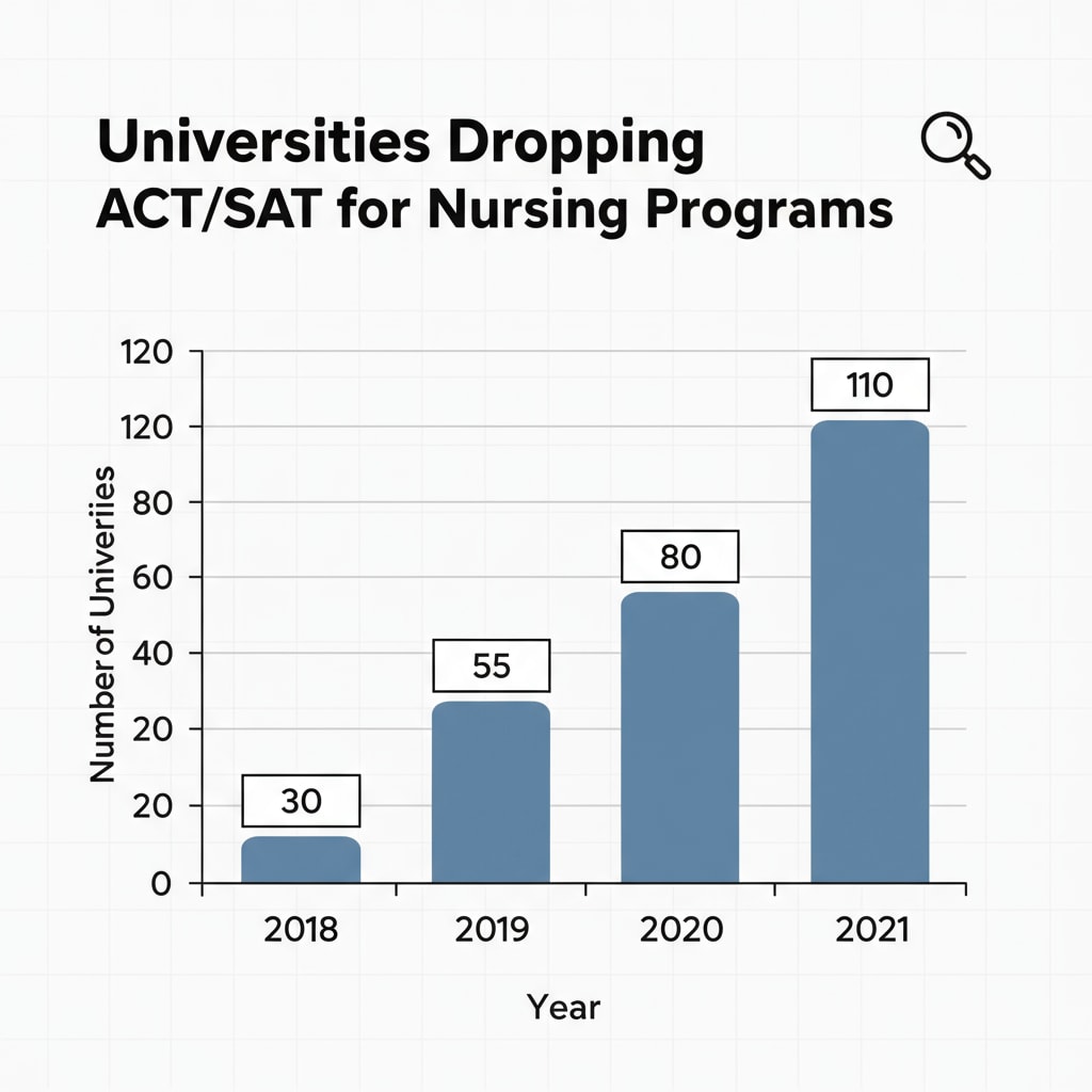 A bar graph shows the increasing number of universities over the years that have dropped the ACT/SAT requirements for their nursing programs. The x-axis represents the years, and the y-axis represents the number of universities. Graph showing the growth of universities dropping ACT/SAT requirements for nursing programs